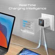 Load image into Gallery viewer, Promate Cubix-r70 70w Ganfast Charger With Retractable 80cm Usb-c Cable, Dual Usb-c Pd 70w, Usb-a 60w Port, 1.14” Tft Smart Display, Uk Plug, Compact Wall Adapter For Macbook, Iphone, Galaxy & More