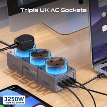 Load image into Gallery viewer, Promate 7-In-1 Multi-Port Charging Station, 240W Ganfast Power Extension With Three 3250W Uk Ac Sockets, Pd140W Usb-C&Pd100W Usb-C Ports, 2 Pd30W Usb-C Ports, 3M Cable, Powerbrix-Gan240 Black Titanium