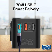 Load image into Gallery viewer, Promate Universal Travel Adapter with GaN Charger 70W USB-C Power Delivery and Built-In Retractable USB-C Cable