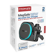 Load image into Gallery viewer, Promate 2-in-1 MagSafe Compatible 15W Wireless Car Charger with Built-in Wireless Mono ENC Earphone