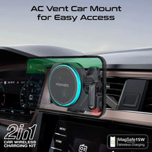 Load image into Gallery viewer, Promate 2-in-1 MagSafe Compatible 15W Wireless Car Charger with Built-in Wireless Mono ENC Earphone