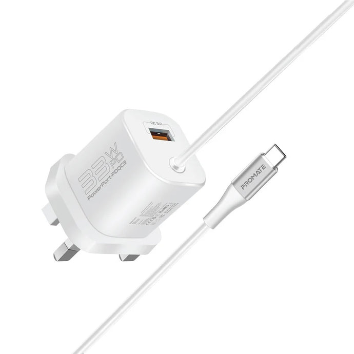 Promate 33w Super Speed Wall Charger With Quick Charge 3.0 Usb-c Power Delivery