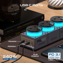 Load image into Gallery viewer, Promate 7-In-1 Multi-Port Charging Station, 240W Ganfast Power Extension With Three 3250W Uk Ac Sockets, Pd140W Usb-C&amp;Pd100W Usb-C Ports, 2 Pd30W Usb-C Ports, 3M Cable, Powerbrix-Gan240 Black Titanium
