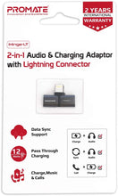 Load image into Gallery viewer, Promate Lightning Splitter Adapter Premium 2in1 Lightning To Headphone Audio And Sync Charging Jack Connector
