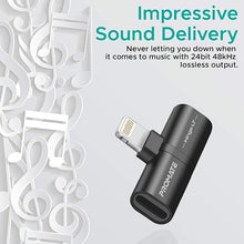 Load image into Gallery viewer, Promate Lightning Splitter Adapter Premium 2in1 Lightning To Headphone Audio And Sync Charging Jack Connector
