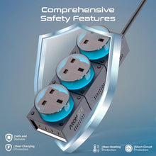 Load image into Gallery viewer, Promate 7-In-1 Multi-Port Charging Station, 240W Ganfast Power Extension With Three 3250W Uk Ac Sockets, Pd140W Usb-C&amp;Pd100W Usb-C Ports, 2 Pd30W Usb-C Ports, 3M Cable, Powerbrix-Gan240 Black Titanium
