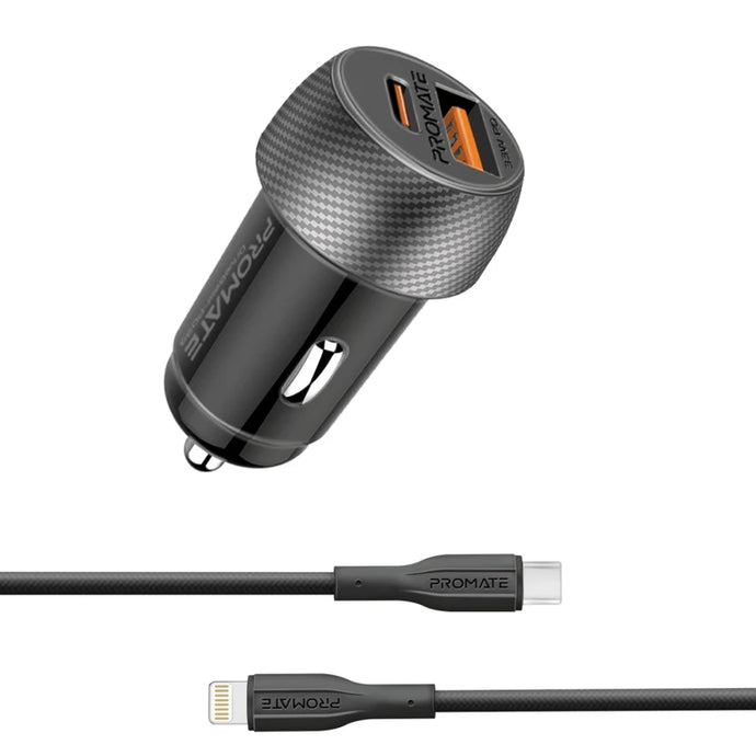 promate 33W Power Delivery Dual Port Car Charger Combo with Ultra-Fast USB-C to Lightning cable