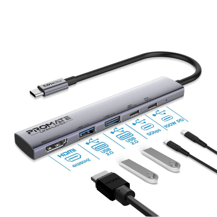 Promate 4K@60Hz Multi-function High-Speed USB-C Hub with 100W Power Delivery