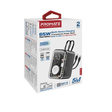 Load image into Gallery viewer, promate 65W Multi-Device Charging Transparent Power Bank with Built-In USB-C &amp; Lightning Cable
