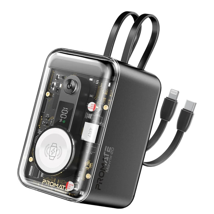 promate 65W Multi-Device Charging Transparent Power Bank with Built-In USB-C & Lightning Cable