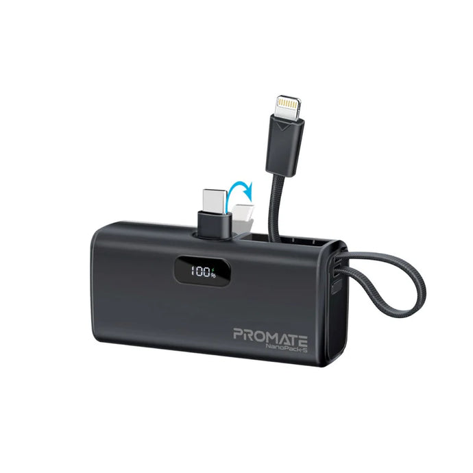 Promate Pocket Fast Charging Power Bank 5000mah with Foldable USB-C Connector and Lightning Cable