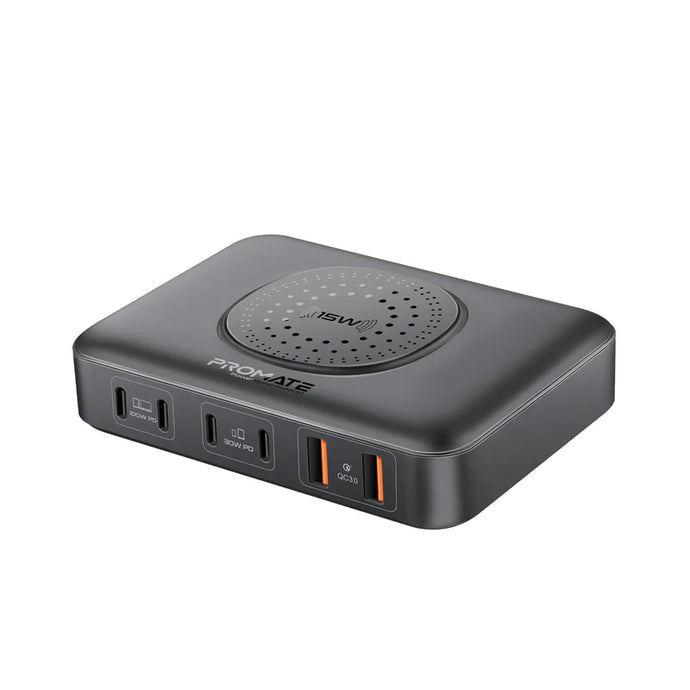 Promate GaNFast™ 100W Power Delivery Charging Station with 15W Wireless Charger