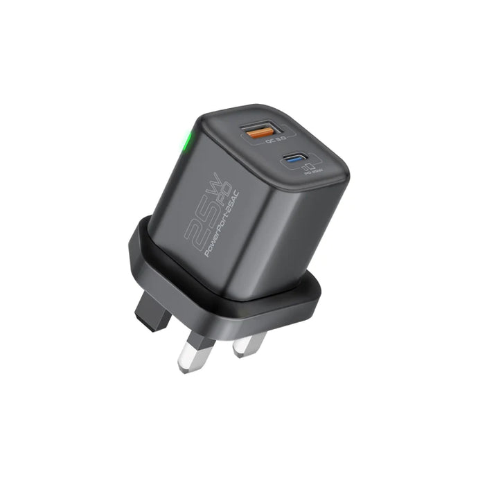 Promate Ultra-fast Dual Port Ac Charger With 25w Power Delivery And Qc 3.0