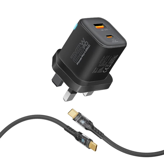 Promate 25W Dual Port Adapter Combo with 60W Fast Charging USB-C Cable