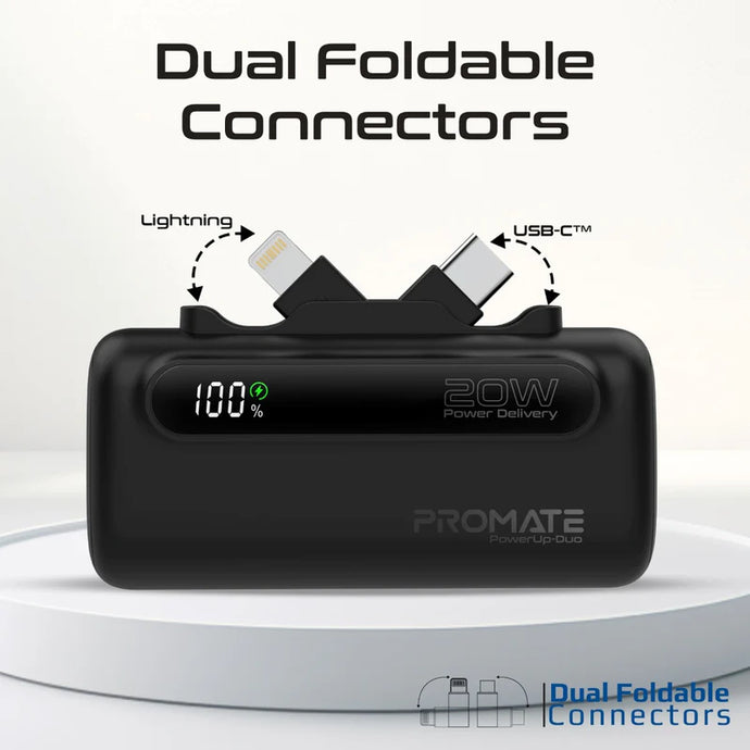 Promate Ultra-Compact Fast Charging Power Bank with Dual foldable USB-C™ & Lightning Connectors