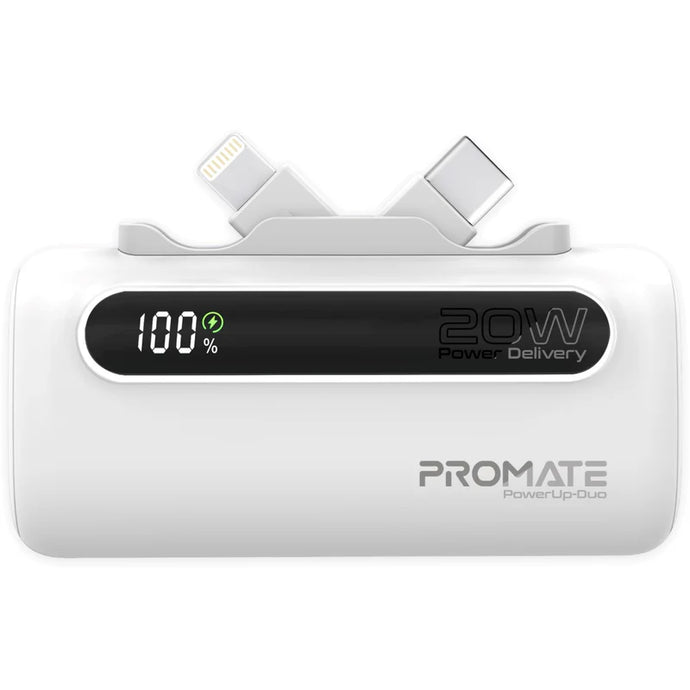 Promate Ultra-Compact Fast Charging Power Bank with Dual foldable USB-C™ & Lightning Connectors